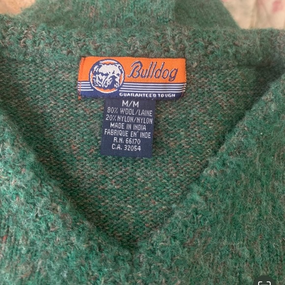 Vintage Y2K Wool Sweater 90s V Neck Cropped Fair Isle Bulldog Green Blue - Picture 6 of 13